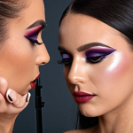 **A makeup artist applying bold, transformative makeup on a shy model before a photoshoot, enhancing her confidence. Focus on the change in her body language and the bold makeup.**