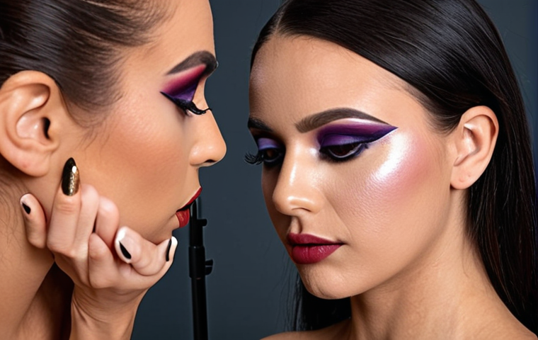 **A makeup artist applying bold, transformative makeup on a shy model before a photoshoot, enhancing her confidence. Focus on the change in her body language and the bold makeup.**
