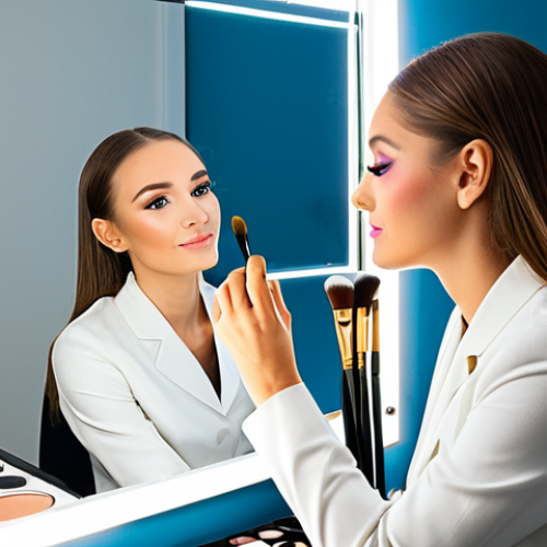 A professional female makeup artist, fully clothed in a modest, elegant uniform, is delicately applying makeup to a female client in a well-lit, modern studio. The artist holds a fine brush, focusing on the client's face, while the client, also fully clothed in professional, appropriate attire, looks calmly at her reflection. Various makeup palettes displaying a spectrum of colors and high-quality brushes are neatly arranged on a clean, white vanity. The scene highlights the precision and artistry of color theory in practice. Perfect anatomy, correct proportions, well-formed hands, natural body proportions, natural pose. Professional photography, high quality, vibrant colors, soft lighting. Safe for work, appropriate content, family-friendly.
