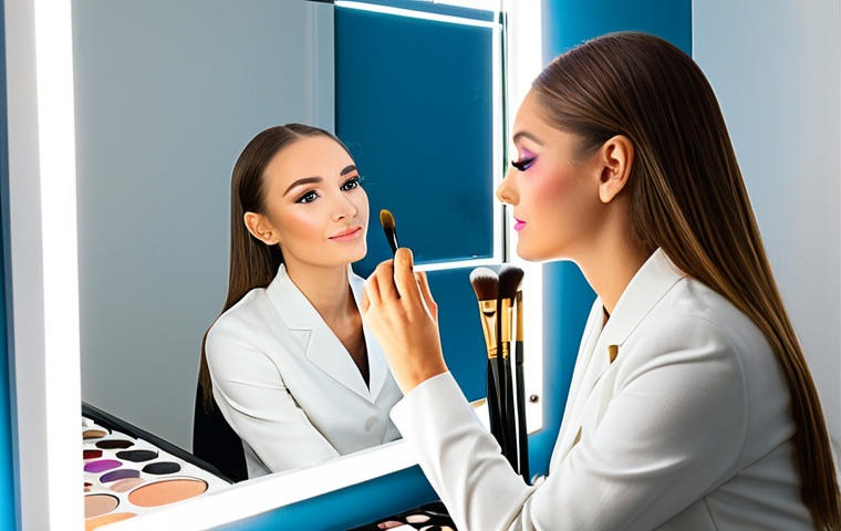 A professional female makeup artist, fully clothed in a modest, elegant uniform, is delicately applying makeup to a female client in a well-lit, modern studio. The artist holds a fine brush, focusing on the client's face, while the client, also fully clothed in professional, appropriate attire, looks calmly at her reflection. Various makeup palettes displaying a spectrum of colors and high-quality brushes are neatly arranged on a clean, white vanity. The scene highlights the precision and artistry of color theory in practice. Perfect anatomy, correct proportions, well-formed hands, natural body proportions, natural pose. Professional photography, high quality, vibrant colors, soft lighting. Safe for work, appropriate content, family-friendly.