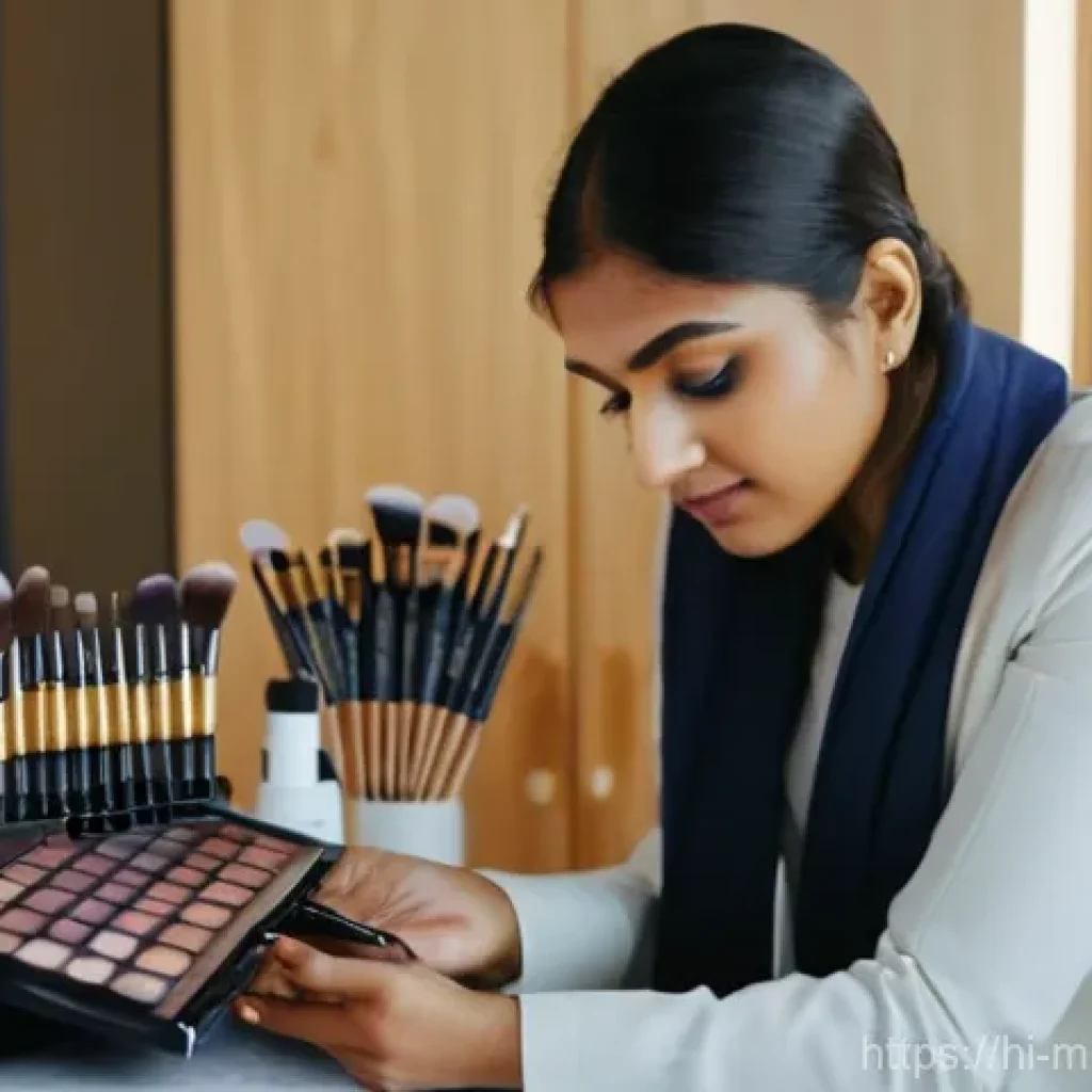메이크업아티스트 실제 업무 사례 - **Prompt:** A focused and diligent Indian female makeup artist in her late 20s, dressed professional...