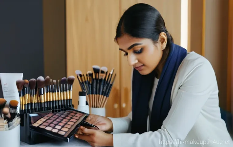 메이크업아티스트 실제 업무 사례 - **Prompt:** A focused and diligent Indian female makeup artist in her late 20s, dressed professional...