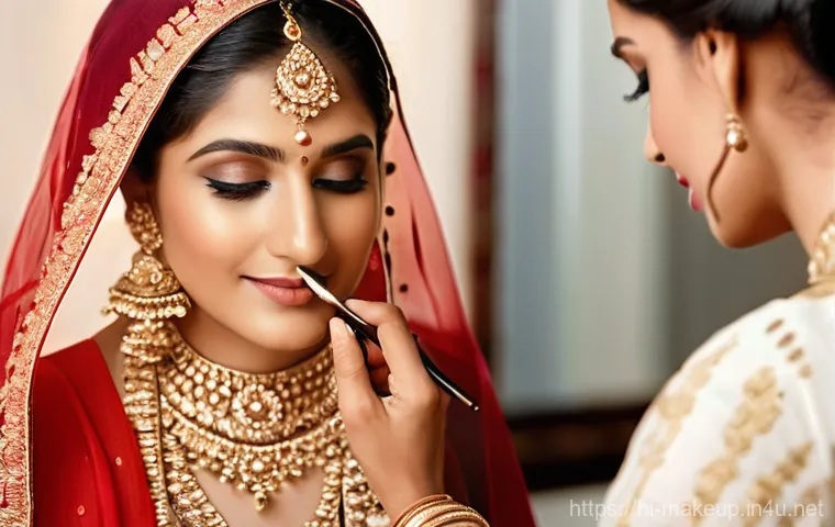 메이크업아티스트 실제 업무 사례 - **Prompt:** A focused and diligent Indian female makeup artist in her late 20s, dressed professional...