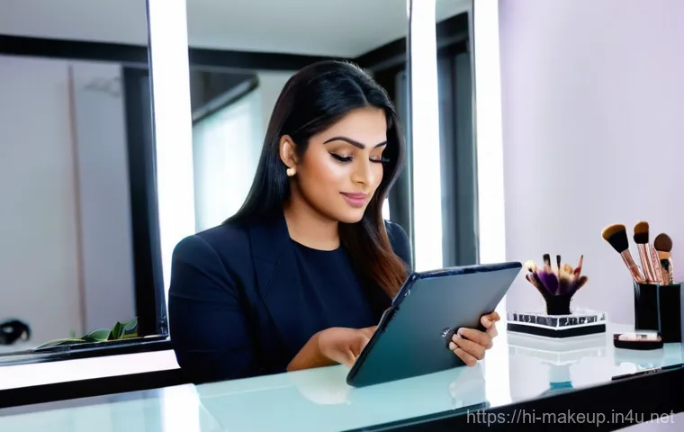 메이크업아티스트 실제 업무 사례 - **Prompt:** A compassionate and skilled Indian female makeup artist, around 30-35 years old, gently ...