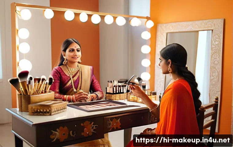 메이크업아티스트의 고객 관리 방법 - A professional makeup artist attentively listening to a female client in a bright, elegant studio de...
