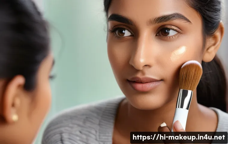 메이크업아티스트가 알아야 할 피부 유형별 메이크업 - A close-up portrait of a South Asian woman with deep brown skin tone, applying hydrating primer and ...