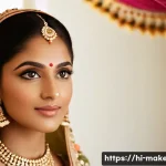 메이크업아티스트가 추천하는 웨딩 메이크업 스타일 - A radiant Indian bride preparing for her wedding day makeup, showcasing flawless skin with a natural...