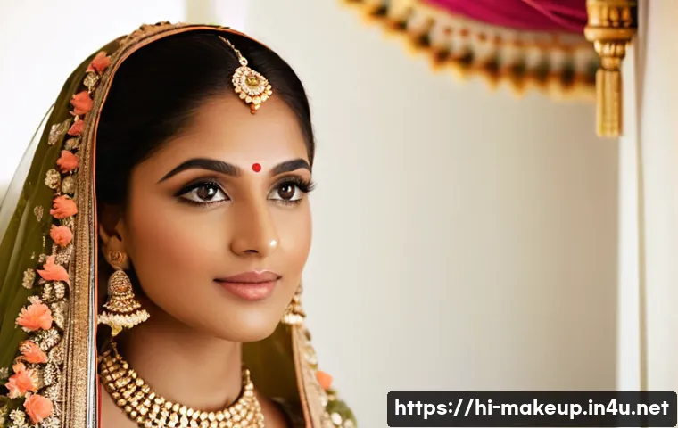 메이크업아티스트가 추천하는 웨딩 메이크업 스타일 - A radiant Indian bride preparing for her wedding day makeup, showcasing flawless skin with a natural...