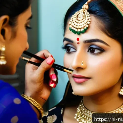 메이크업아티스트 자격증 최신 트렌드 - A professional Indian makeup artist applying bridal makeup on a female client with medium skin tone,...