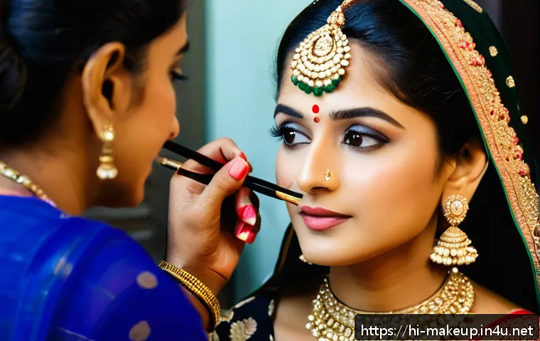 메이크업아티스트 자격증 최신 트렌드 - A professional Indian makeup artist applying bridal makeup on a female client with medium skin tone,...