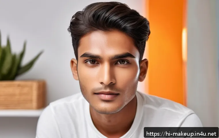 메이크업아티스트의 남성 메이크업 사례 - A close-up portrait of a young Indian man with medium skin tone, demonstrating natural makeup for me...