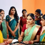 메이크업아티스트가 추천하는 실습 기관 - A modern makeup training center classroom scene showcasing a diverse group of young Indian students ...