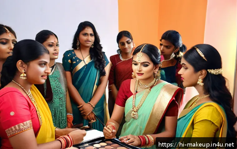 메이크업아티스트가 추천하는 실습 기관 - A modern makeup training center classroom scene showcasing a diverse group of young Indian students ...