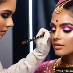 메이크업아티스트 해외 사례 연구 - A creative makeup artist applying vibrant glitter and highlighter to a young woman with medium brown...