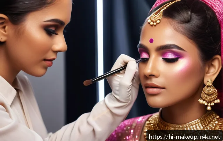 메이크업아티스트 해외 사례 연구 - A creative makeup artist applying vibrant glitter and highlighter to a young woman with medium brown...